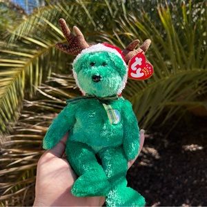 TY 2002 Holiday Teddy Antlers Beanie Baby Plush Bear with Tag
